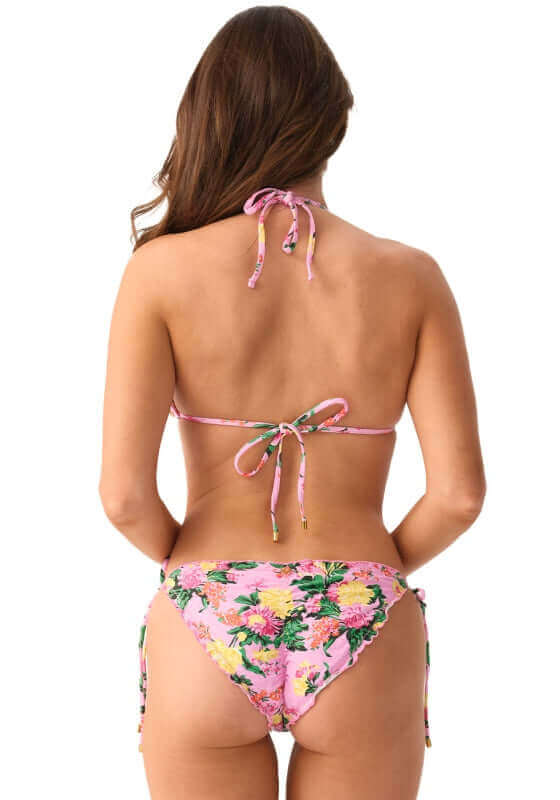 Dahlia Embroidered Tie Side Bottoms by PQ Swim, showing the back view with vibrant floral design and tie sides.