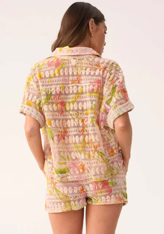 Petal Blake Beach Shirt by PQ Swim, showcasing a floral crochet-style fabric in a stylish back view.
