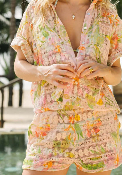 Petal Blake Beach Shirt by PQ Swim featuring a floral printed crochet fabric for breezy beach style.