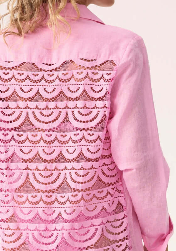 Wisteria Lace Millie Cover Up by PQ Swim, showcasing a playful pink tie-front shirt with a delicate lace back panel.