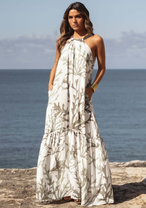 Chloe Dress Garden Taupe by Sole Lisboa, lightweight maxi dress with halter neckline and pocket details by the coast.