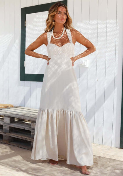 Marrakech Dress Sand by Sole Lisboa, featuring a flattering sweetheart neckline and cross-back tie, perfect for warm-weather escapes.