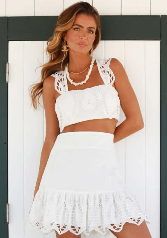 Tulum Top White by Sole Lisboa featuring playful cut-out frill sleeves and a flattering cropped silhouette.
