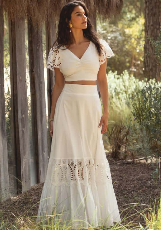 Portofino Skirt White by Sole Lisboa, showcasing a flowing long skirt with delicate cutouts, perfect for warm weather.