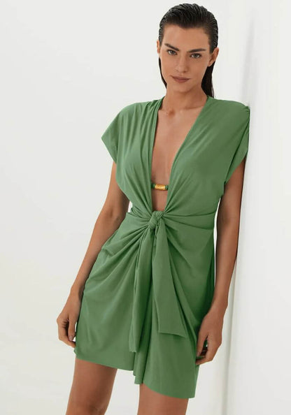 Sasha Short Cover Up Harbor by ViX, lightweight mini beach dress with plunging neckline and front knot in green.