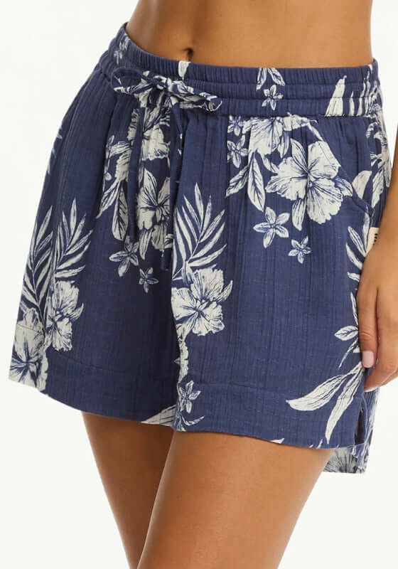 Aloha Beach Short French Navy by Sea Level, featuring a floral tropical print and drawstring waist.