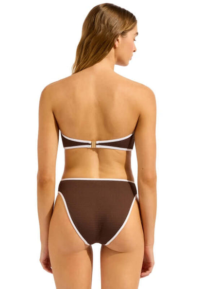 Beach Bound Bandeau Bikini Chocolate by Seafolly, showcasing the back view with stylish ring detail and ecru piping.