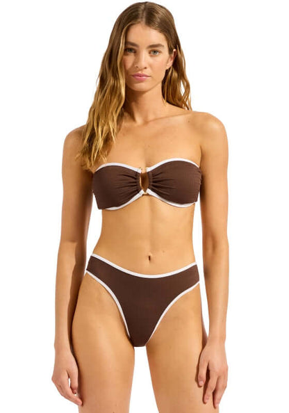 Beach Bound Bandeau Bikini Chocolate by Seafolly featuring a bandeau top with ring detail and ecru piping.
