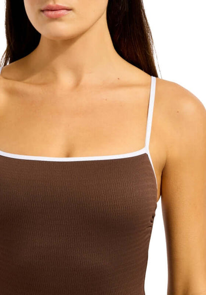 Beach Bound Square Neck Swimsuit Chocolate by Seafolly, close-up of the swimsuit's chocolate fabric and white trim.