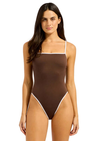 Beach Bound Square Neck Swimsuit Chocolate by Seafolly, featuring a square neck design in rich chocolate with white trim.