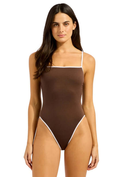 Beach Bound Square Neck Swimsuit Chocolate by Seafolly, featuring a square neck design in rich chocolate with white trim.