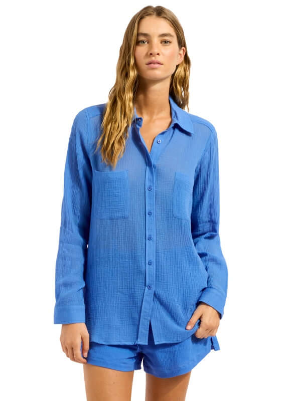 Sapphire Breeze Beach Shirt by Seafolly, lightweight blue shirt with a relaxed fit, perfect for beach outings.