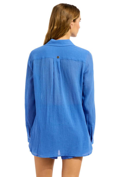 Sapphire Breeze Beach Shirt by Seafolly, featuring a lightweight, breathable fabric in vibrant sapphire color.