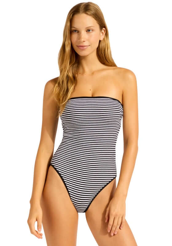 Clubhouse DD Bandeau Swimsuit by Seafolly, stylish black and white striped bandeau design on a model.