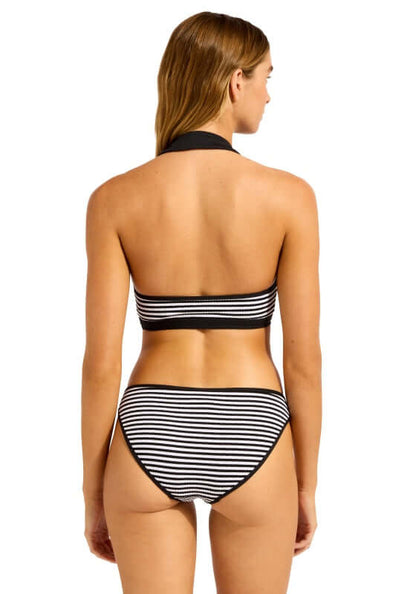 Clubhouse Collar Halter Bikini by Seafolly, featuring a chic black and white striped design seen from the back.