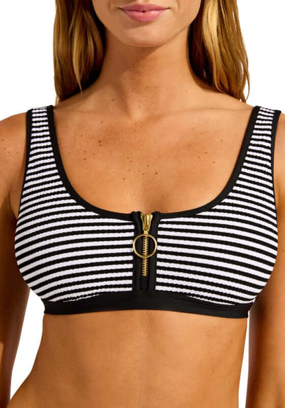 Clubhouse Zip Front Tank Bikini by Seafolly, featuring black and white stripes with a zip-front design for stylish beachwear.