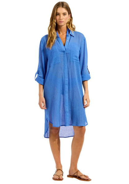 Crinkle Twill Beach Shirt Sapphire by Seafolly in vibrant sapphire, perfect for layering over swimwear and beach-ready style.