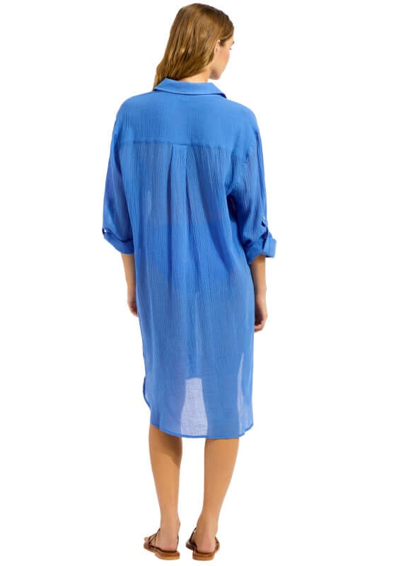 Crinkle Twill Beach Shirt Sapphire by Seafolly back view on model showcasing relaxed fit and vibrant sapphire hue.