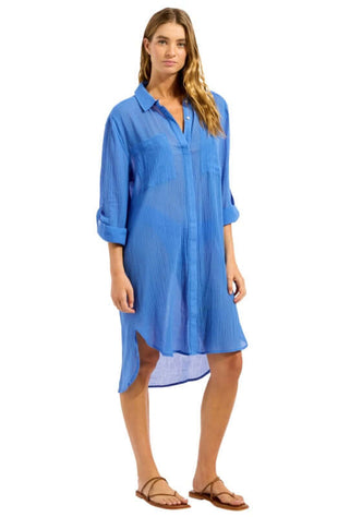 Crinkle Twill Beach Shirt Sapphire by Seafolly worn by a model, showcasing its lightweight and relaxed fit.