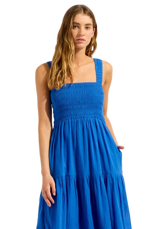 Faithful Midi Dress Sapphire by Seafolly, featuring a smocked top and tiered skirt in a vibrant sapphire blue.