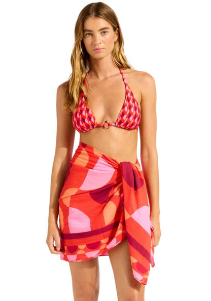 Sorrento Flame Sarong by Seafolly, vibrant geometric print in warm flame tones, stylish beach cover-up.