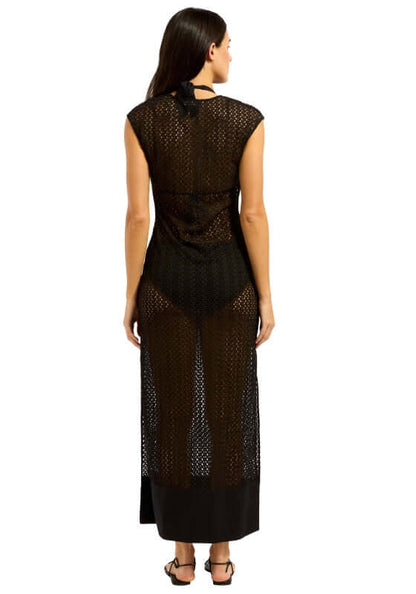 Maxi Tank Beach Dress Black by Seafolly, showcasing the back view of a black crochet maxi dress with a flowy silhouette.