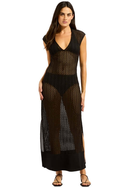 Maxi Tank Beach Dress Black by Seafolly, showcasing a flattering V neckline and tiered detailing for a flowing silhouette.