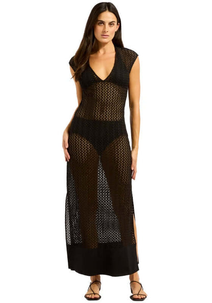 Maxi Tank Beach Dress Black by Seafolly, showcasing a flattering V neckline and tiered detailing for a flowing silhouette.