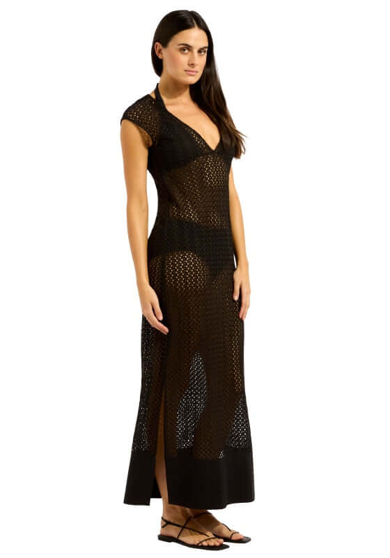 Maxi Tank Beach Dress Black by Seafolly, featuring a flattering V neckline and tiered detailing for a flowing silhouette.