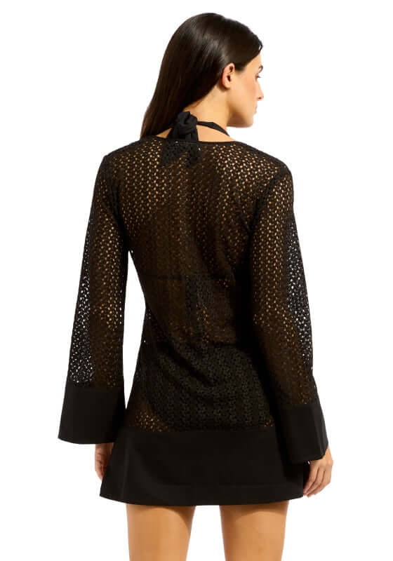 Mini Kaftan Black by Seafolly, showcasing a breathable mesh crochet design and stylish panel from the back.