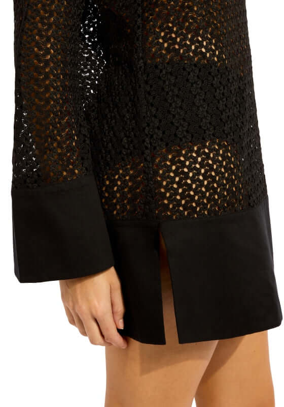 Mini Kaftan Black by Seafolly, featuring a breathable mesh crochet design with stylish panels.