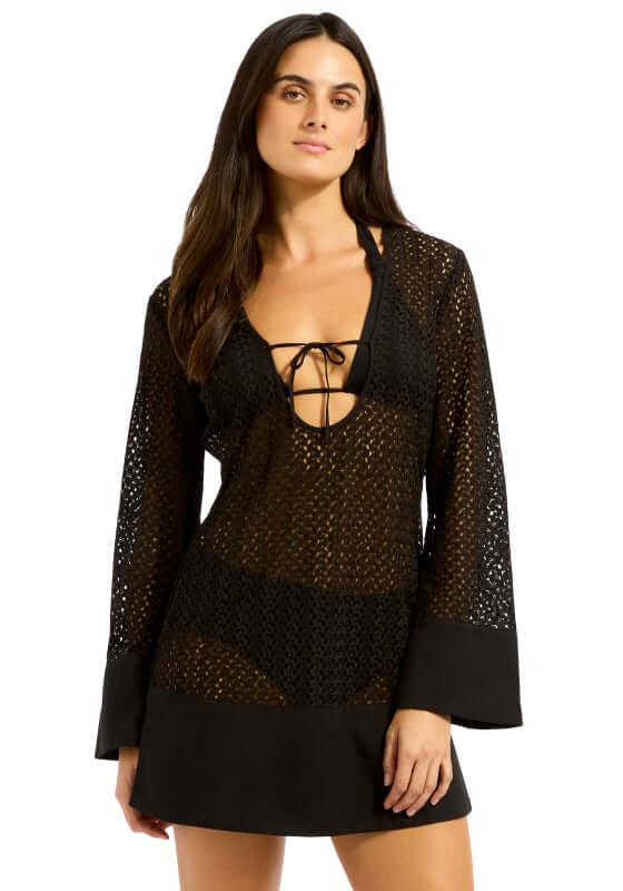 Mini Kaftan Black by Seafolly, featuring a breathable mesh crochet design for relaxed beach days.
