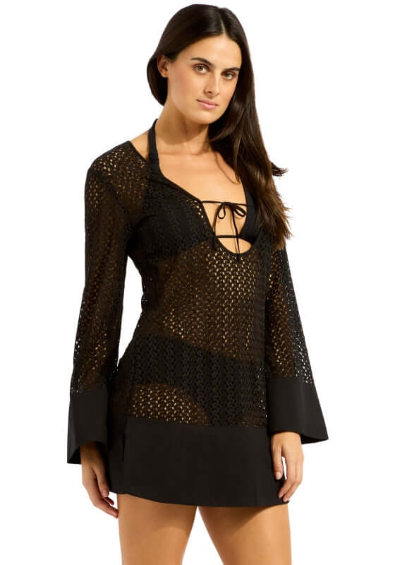 Mini Kaftan Black by Seafolly, featuring a breathable mesh crochet design, perfect for beach days.