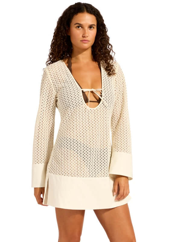Mini Kaftan Ecru by Seafolly, featuring breathable mesh crochet design, perfect for beach days.