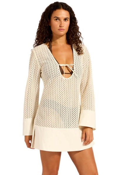 Mini Kaftan Ecru by Seafolly, featuring breathable mesh crochet design, perfect for beach days.