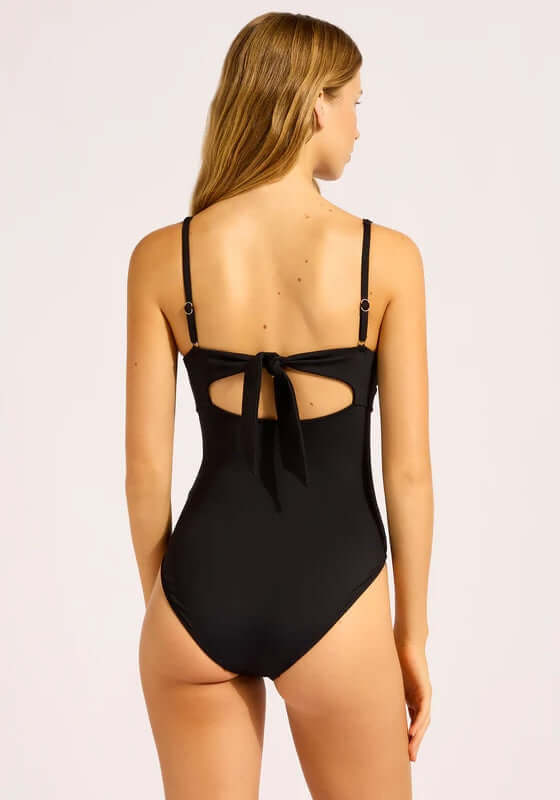 Multi Fit Square Neck Swimsuit by Seafolly, showing a black swimsuit with a tie-back and square neckline.
