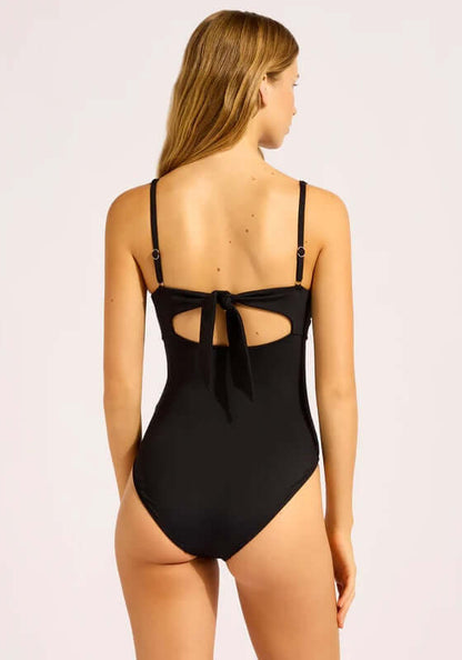 Multi Fit Square Neck Swimsuit by Seafolly, showing a black swimsuit with a tie-back and square neckline.