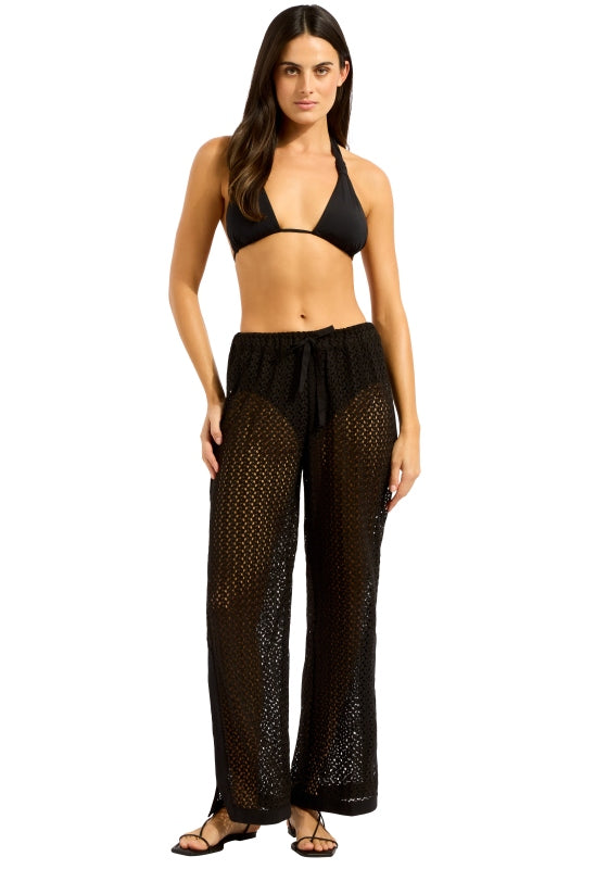 Side Split Beach Trousers Black by Seafolly, showcasing stylish black crochet fabric with a side split detail.