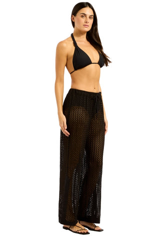 Side Split Beach Trousers Black by Seafolly, stylish black crochet-style trousers with side split detail over swimwear.
