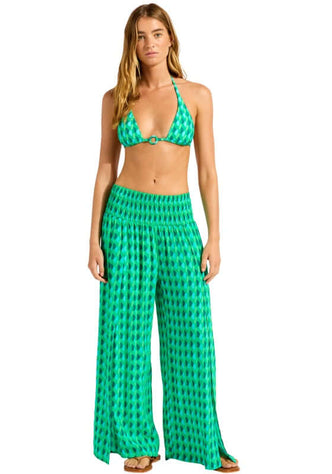 Shirred Waist Sorrento Vivid Green Beach Trousers by Seafolly model wearing vibrant green beach trousers with shirred waist.