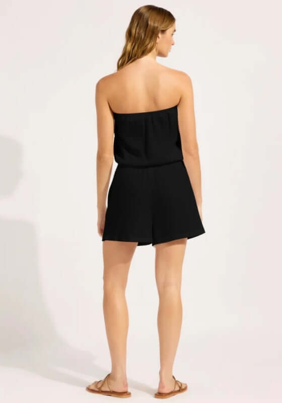 Crinkle Playsuit Black by Seafolly, showcasing the back view of a stylish playsuit in soft crinkle cotton.
