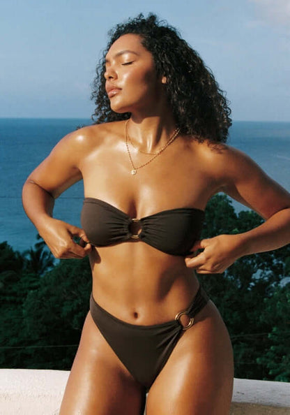 Acapulco Bikini Espresso by Away That Day, chic brown bandeau bikini model showcasing flattering fit and details.