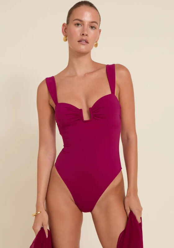 Cannes Swimsuit Cassis by Away That Day, featuring a sweetheart neckline and flattering high leg design.