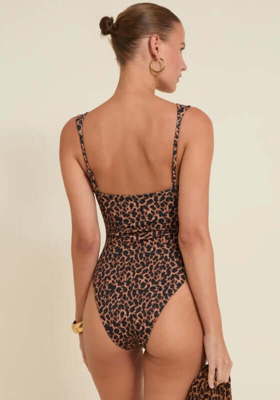 Cannes Swimsuit Leopard Print by Away That Day, featuring a fashionable back view of the leopard print swimsuit.