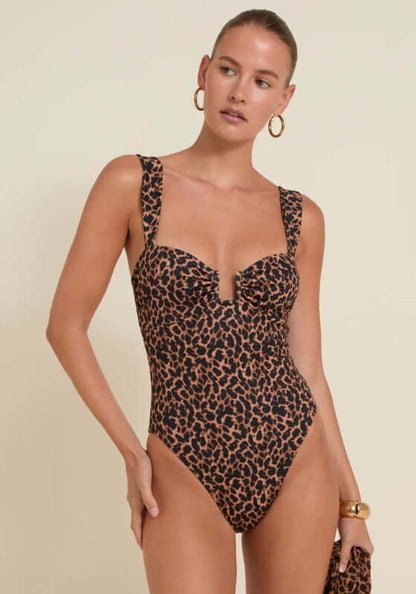 Cannes Swimsuit Leopard Print by Away That Day, featuring a leopard print design and sweetheart neckline.