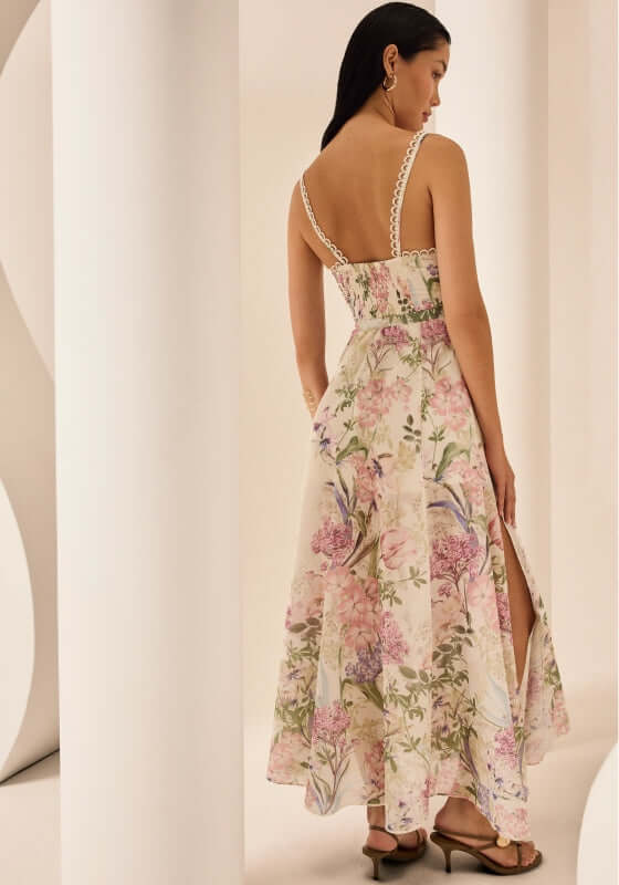 Iraso Long Dress Cream Botanic by Charo Ruiz, showcasing floral patterns and a back view with spaghetti straps.
