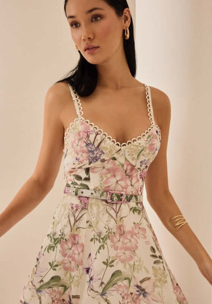Iraso Long Dress Cream Botanic by Charo Ruiz, featuring floral motifs, V-neckline, and spaghetti straps.