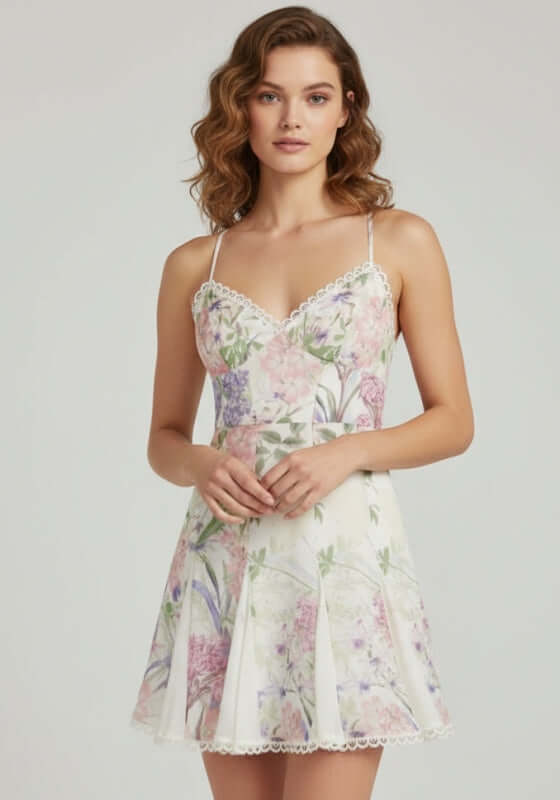 Marelene Short Dress Cream Botanic by Charo Ruiz featuring floral pattern, eyelet trim, and pleated skirt.