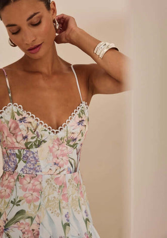 Marelene Short Dress Cream Botanic by Charo Ruiz featuring a delicate floral pattern and elegant eyelet trim.