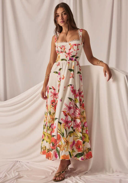 Maui Long Dress White Bliss by Charo Ruiz, featuring floral patterns, smock detailing, and guipire lace trim.